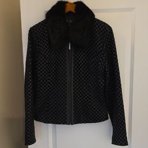 St. John Black Checkered Blazer with Fur Collar